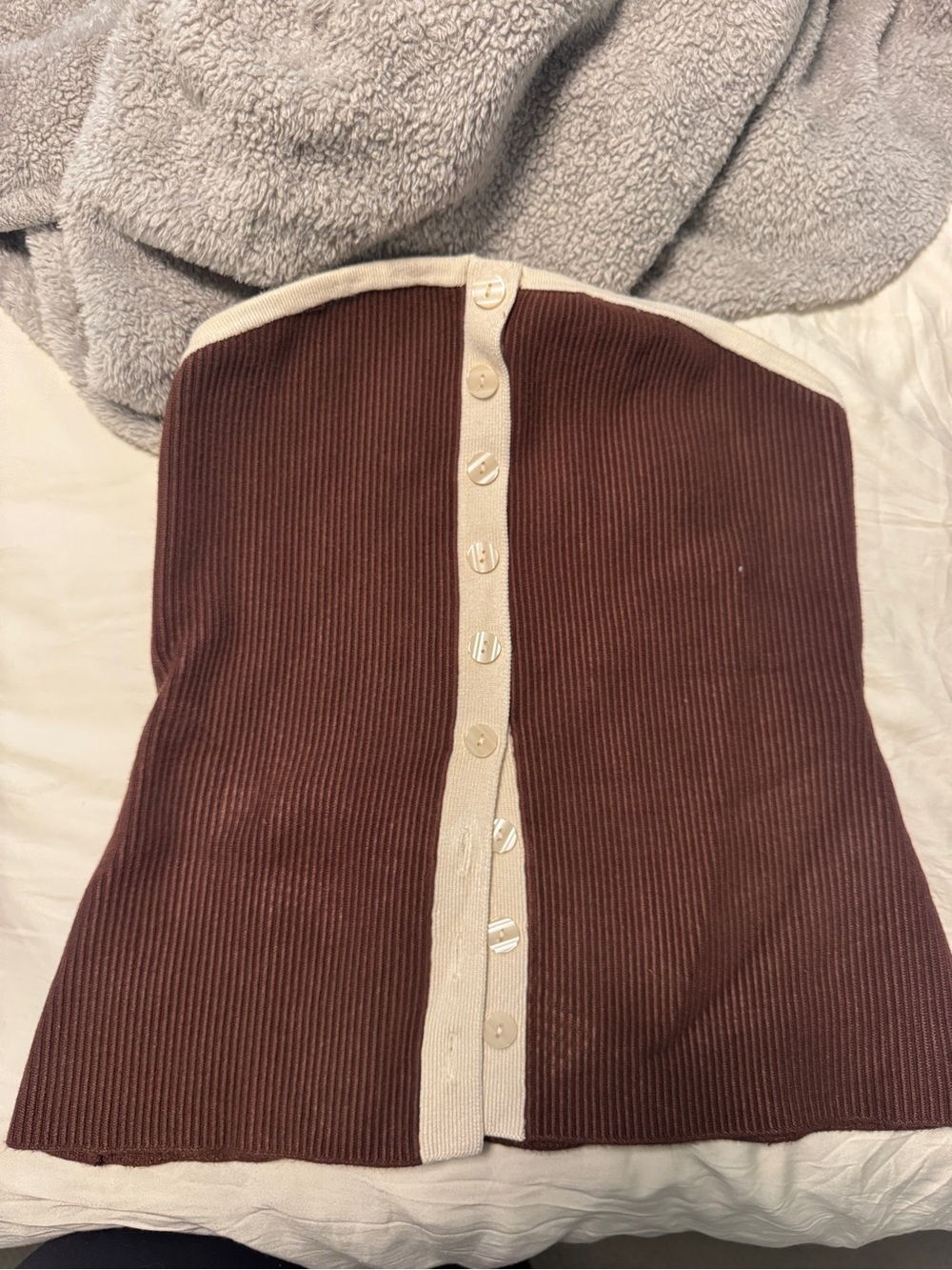 Abercrombie & Fitch Ribbed Strapless Button-Front Top — Brown/Cream